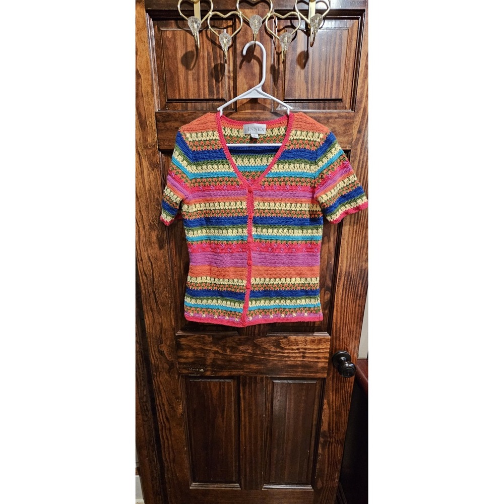 Annex Crochet Vintage Button Up Blouse Geometric Striped Knit Top Women Medium